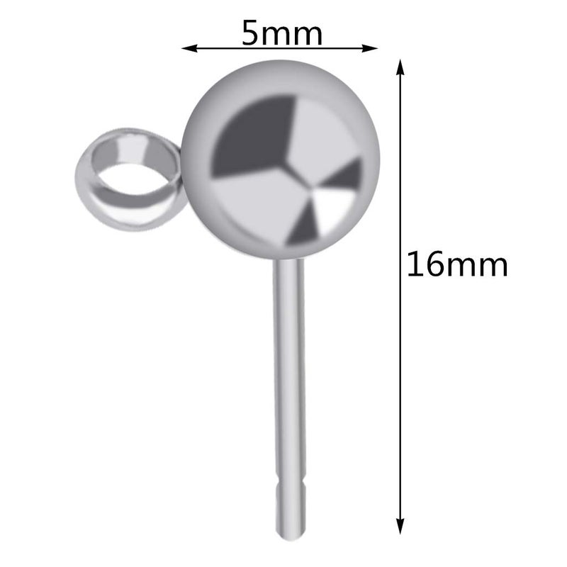 Tongcloud 100pcs Hypoallergenic Silver Ball Post Earrings - Stainless Steel Stud Earrings with Loops (Sliver, 5mm) - Image 2